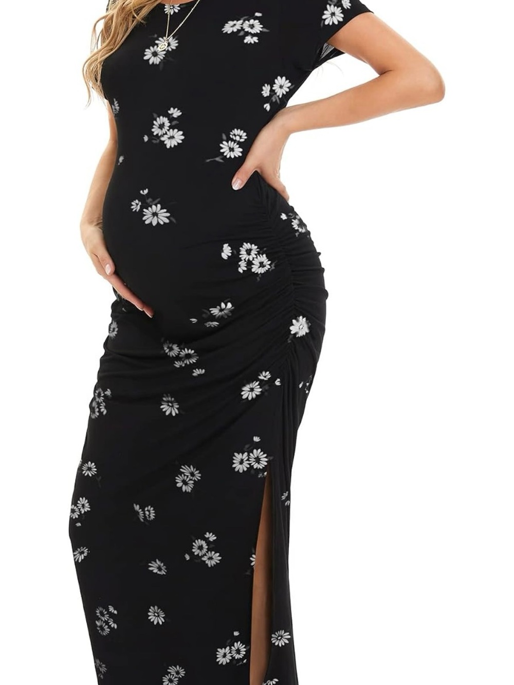 Black Daisy Maternity Side-Ruched Maxi Dress